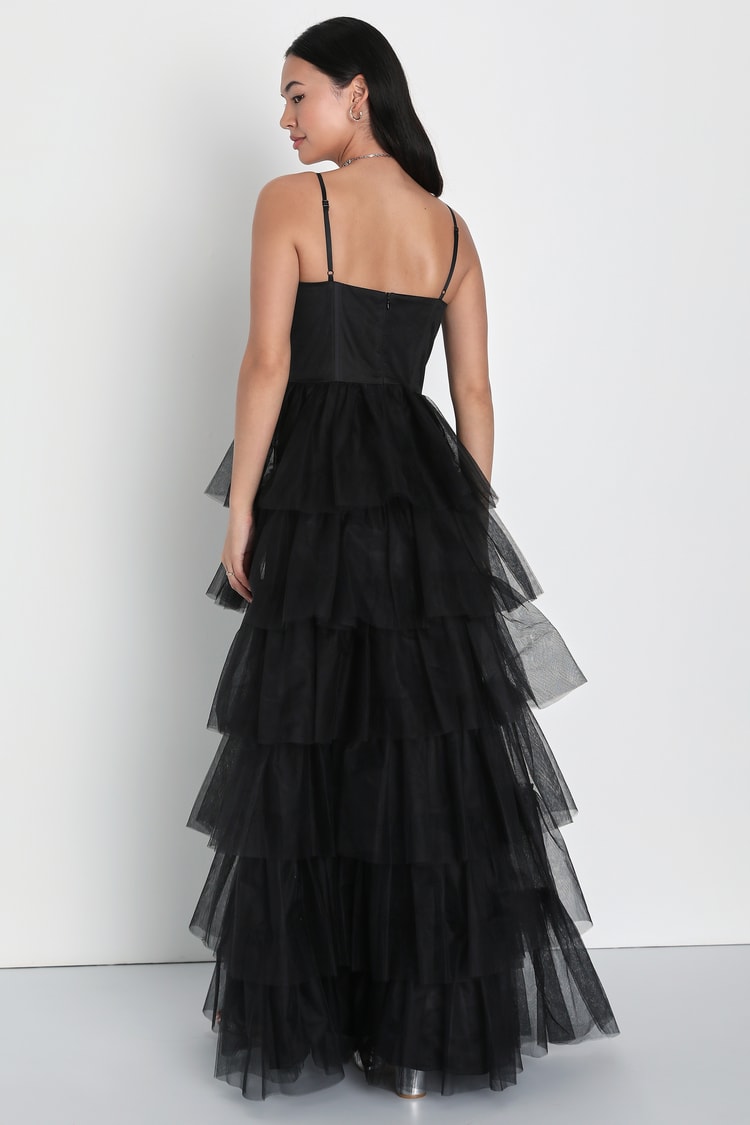 Rule the Runway Black Tulle Bustier Tiered Maxi Dress