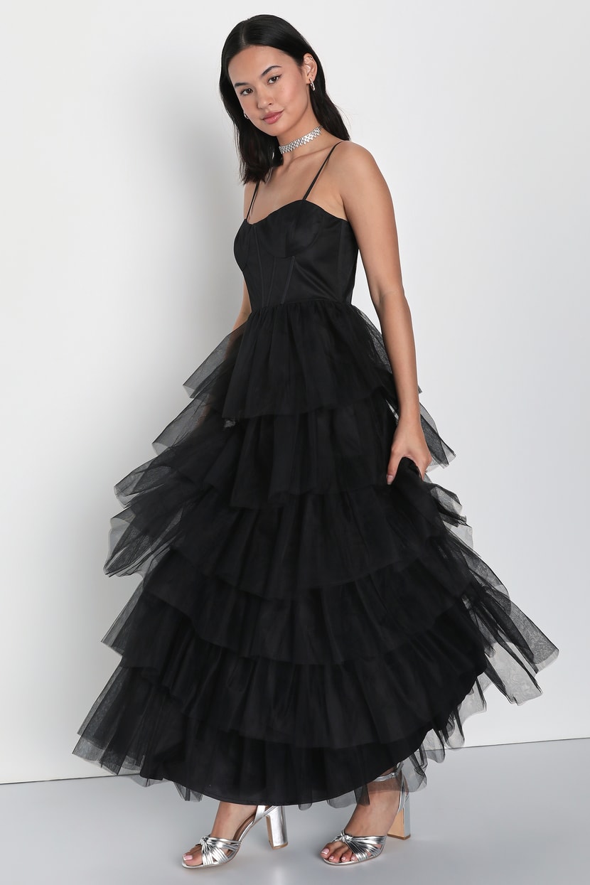 Rule the Runway Black Tulle Bustier Tiered Maxi Dress