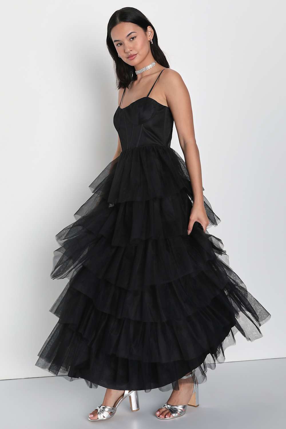 Rule the Runway Black Tulle Bustier Tiered Maxi Dress