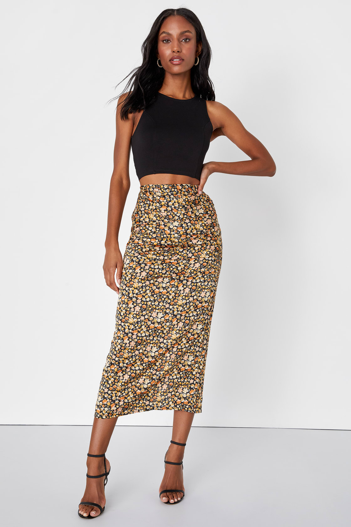 Elevated Choice Black Floral Print Satin Midi Skirt