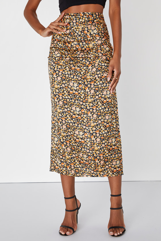 Black Floral Print Skirt - Satin Midi Skirt - Floral Satin Skirt - Lulus