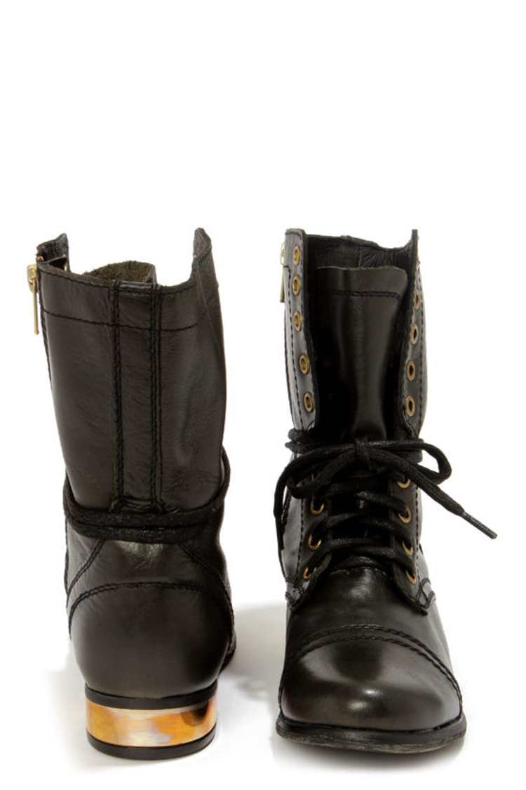 Steve Madden Troopale Black & Gold Leather Lace-Up Combat  display picture 2
