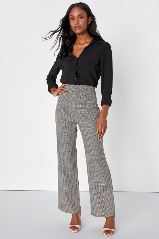 Lulus Enhanced Aesthetic Black And Brown Plaid Straight Leg Pants