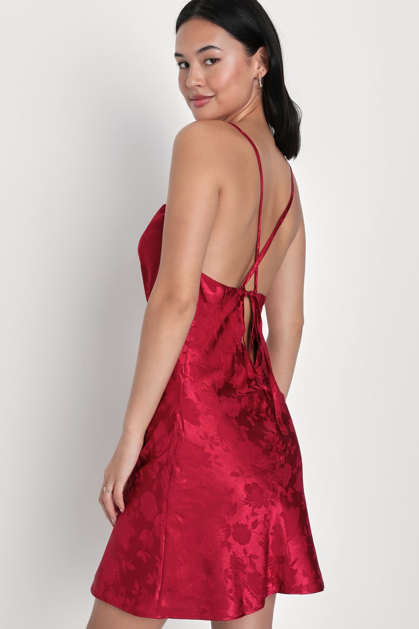 Red Lace-Up Mini Dress - Satin Jacquard Dress - Cowl Neck Dress - Lulus