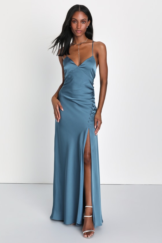 Slate Blue Bridesmaid Dress - Blue Satin Gown - Backless Dress - Lulus