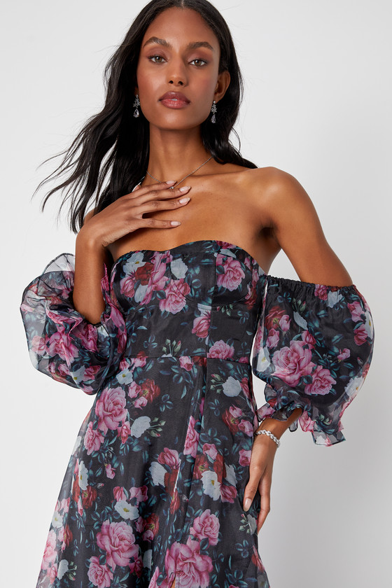 Black Floral Dress - Off-The-Shoulder Dress - Bustier Maxi Dress - Lulus