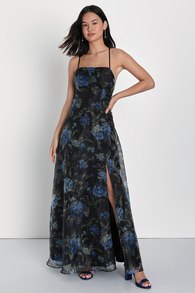 Glamorous Expression Black Floral Organza Lace-Up Maxi Dress
