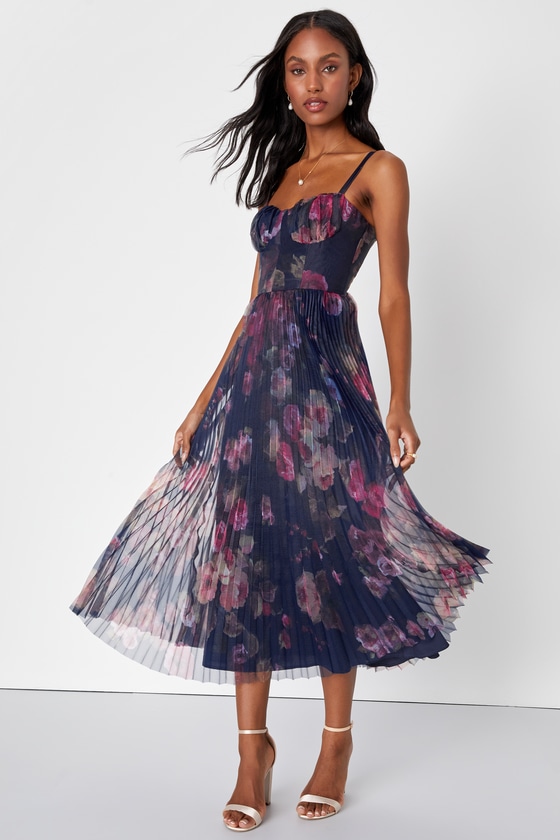 Lulus Alluring Invite Midnight Blue Floral Pleated Bustier Midi Dress