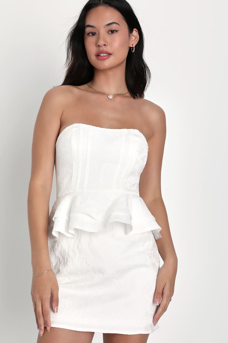 White Jacquard Dress - Strapless Mini Dress - Peplum Mini Dress - Lulus