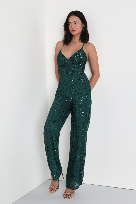 Lulus Photo Finish Forest Green Sequin Lace-up Wide Leg Jumpsuit