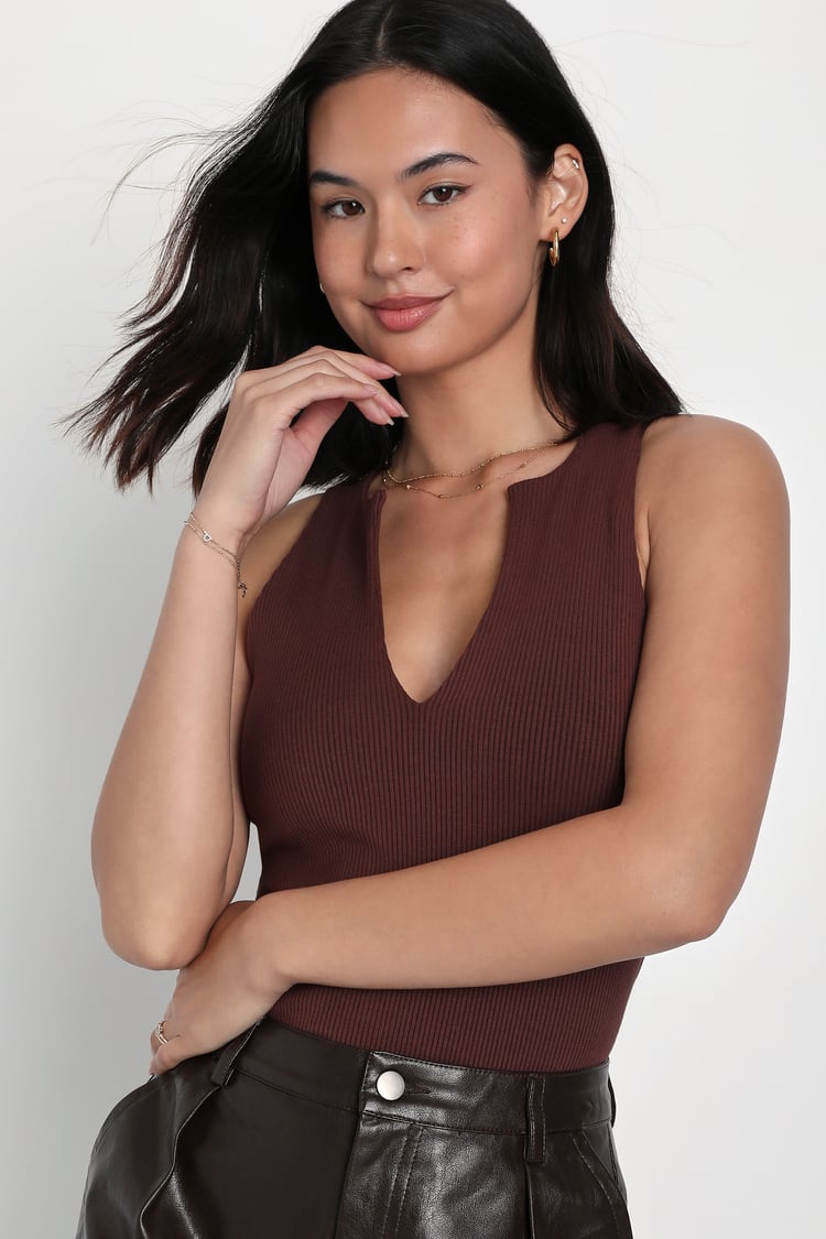 Brown Tank Top - Notched Neck Tank Top - Ribbed Knit Tank Top - Lulus