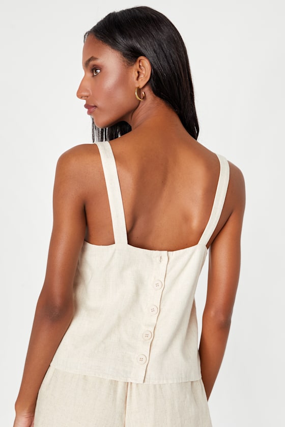 Sol Sweetie Beige Linen Button-Back Cropped Tank Top 6