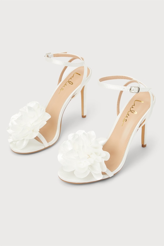 Rozee Ivory Satin Flower Ankle Strap High Heel Sandals 1