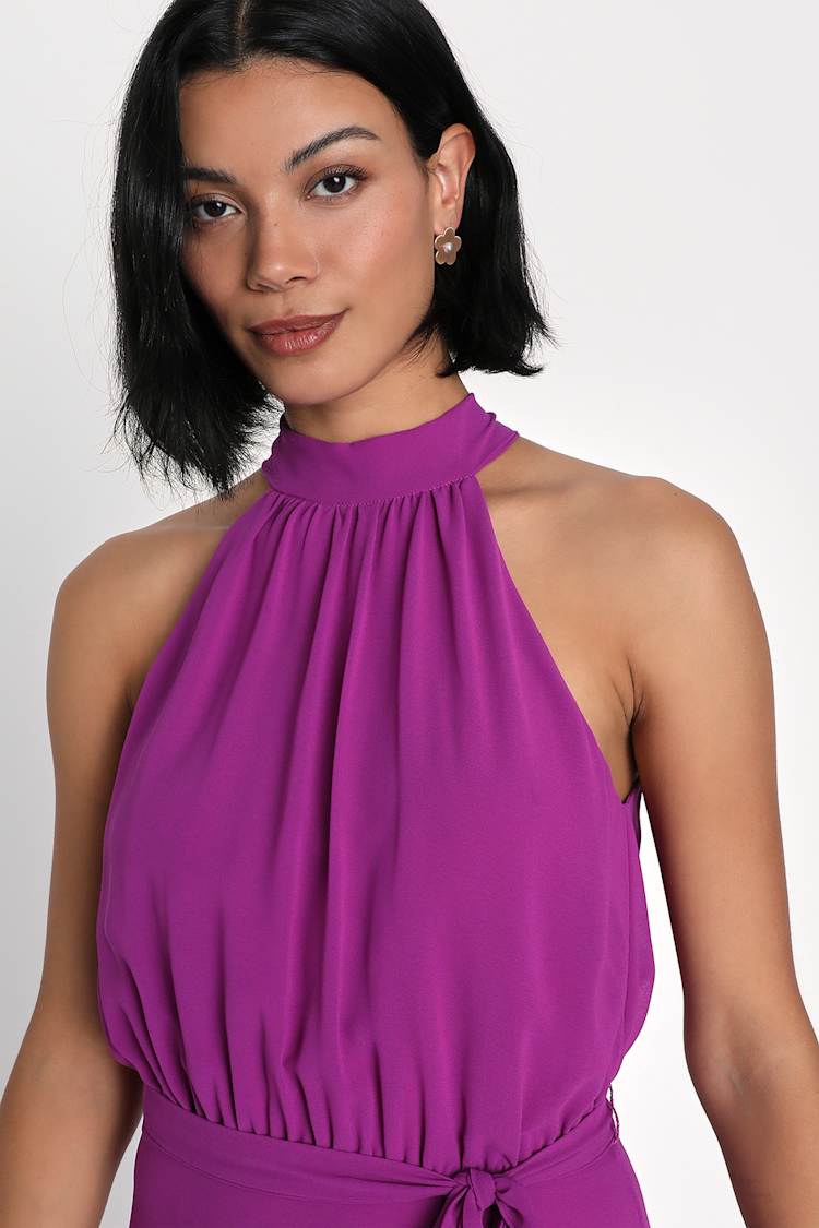 Iconic Flair Purple Asymmetrical Ruffled Halter Maxi Dress