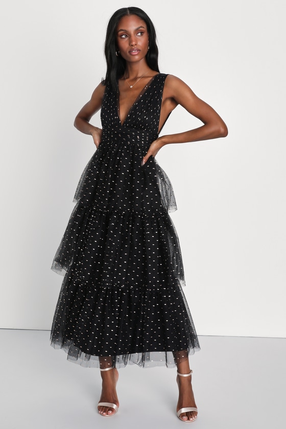 Black Tiered Midi Dress - Shiny Dot Maxi Dress - Tulle Dress - Lulus