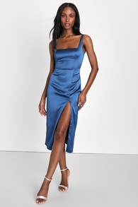 Keep It Precious Blue Satin Sleeveless Midi Dress