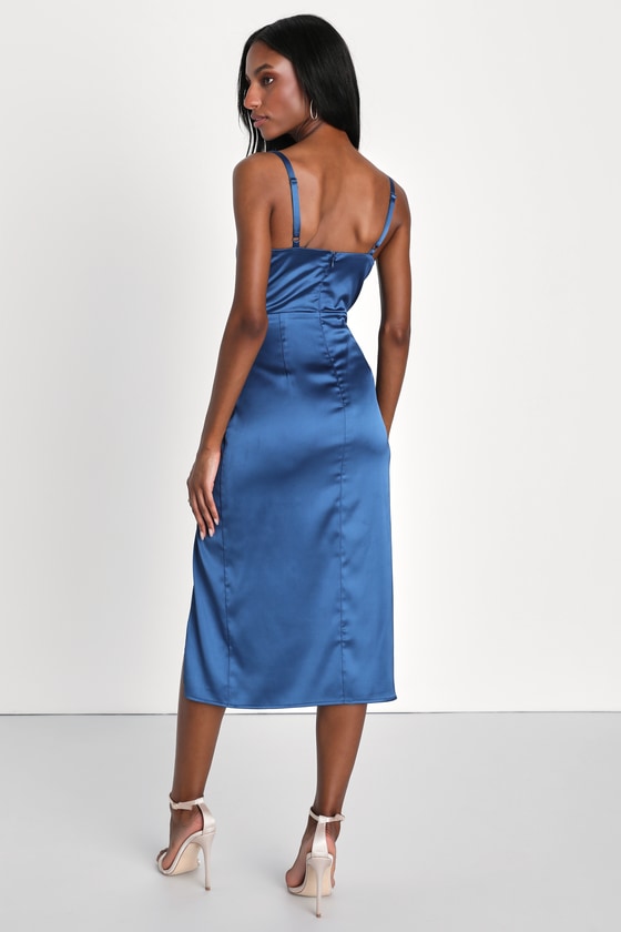 Blue Satin Dress - Sleeveless Midi Dress - Square Neck Dress - Lulus