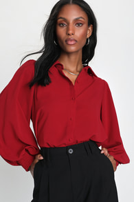 Effective Aesthetic Wine Red Long Sleeve Button Up Top