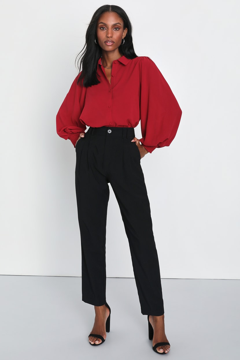 red blouse with black pants