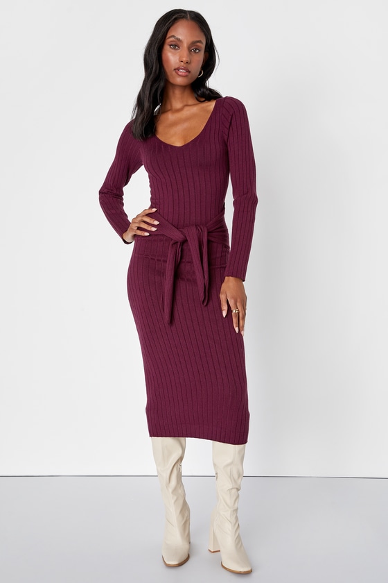 Purple Ribbed Knit Dress - Midi Sweater Dress - Tie-Front Dress - Lulus