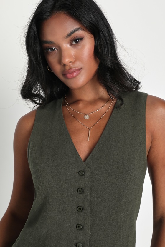 Lulus Suits You Perfectly Olive Green Linen Vest