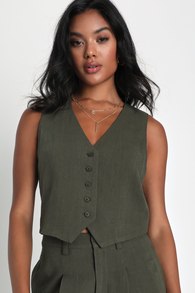 Suits You Perfectly Olive Green Linen Vest