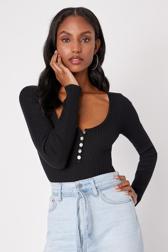 Lulus Everyday Perfection Black Ribbed Scoop Neck Henley Bodysuit