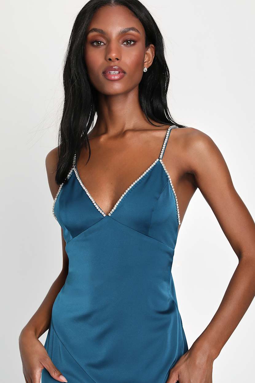Teal Blue Satin Dress - Rhinestone Dress - Backless Maxi Dress - Lulus Teal Blue Satin Dress - Rhinestone Dress - Backless Maxi Dress - Lulus