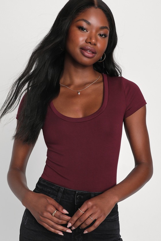 Burgundy Bodysuit - Short Sleeve Bodysuit - Scoop Neck Bodysuit - Lulus