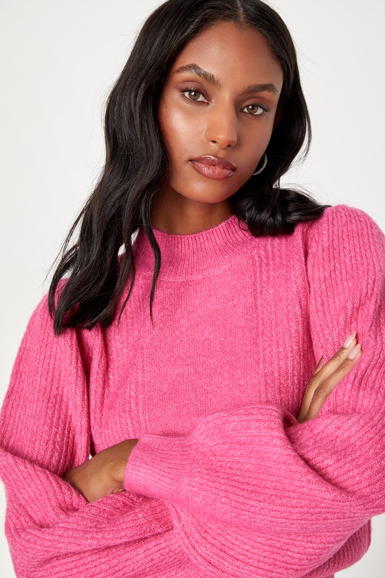 Hot Pink Pullover - Mock Neck Sweater - Balloon Sleeve Sweater - Lulus
