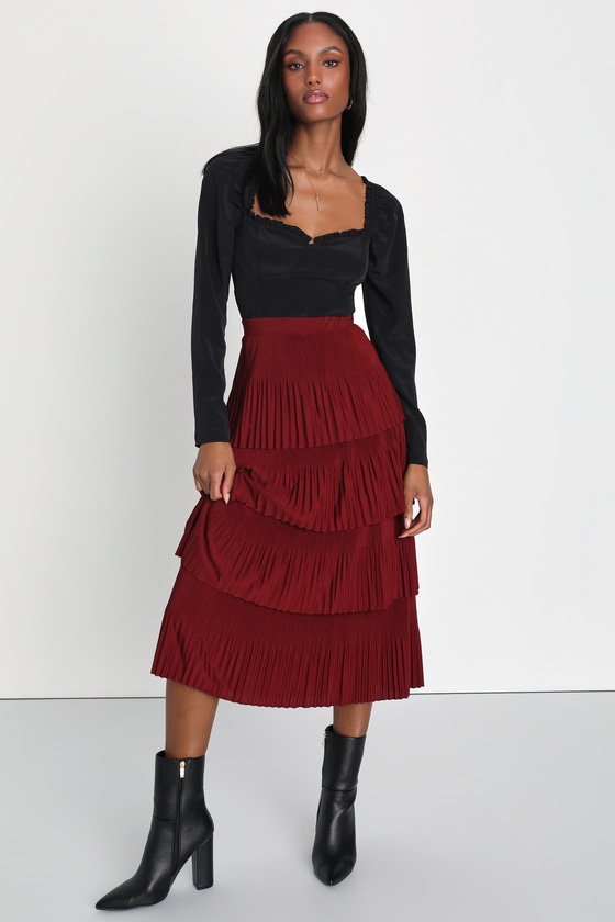 Wine Red Skirt - High-Rise Skirt - Tiered Skirt - Pleated Skirt - Lulus