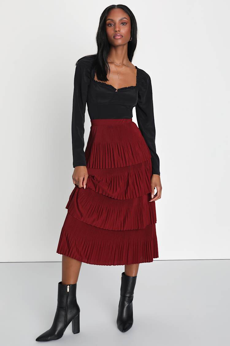 Skirt Outfits Red Black Pleated Midi Skirt A-line Pleated Satin