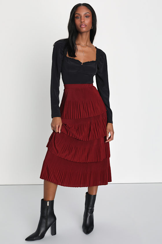 Wine Pleated A-Line Skirt main image 1