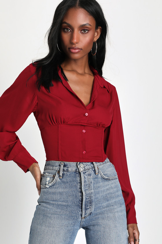 Red Bustier Top - Lace-Up Long Sleeve Top - Bustier Button-Up - Lulus