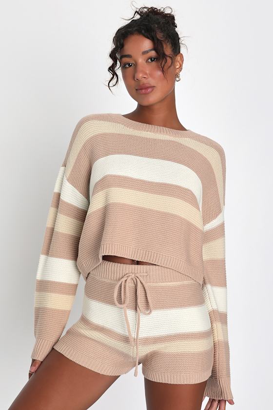 Warmest Hugs Light Brown Striped Knit Drawstring Shorts 1