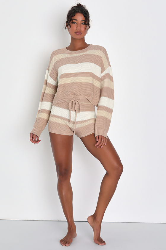 Warmest Hugs Light Brown Striped Knit Drawstring Shorts 2