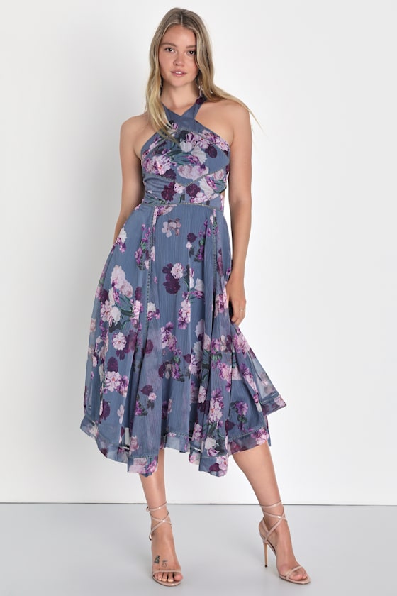 Blue Floral Dress Midi Handkerchief Dress Halter Neck Dress Lulus