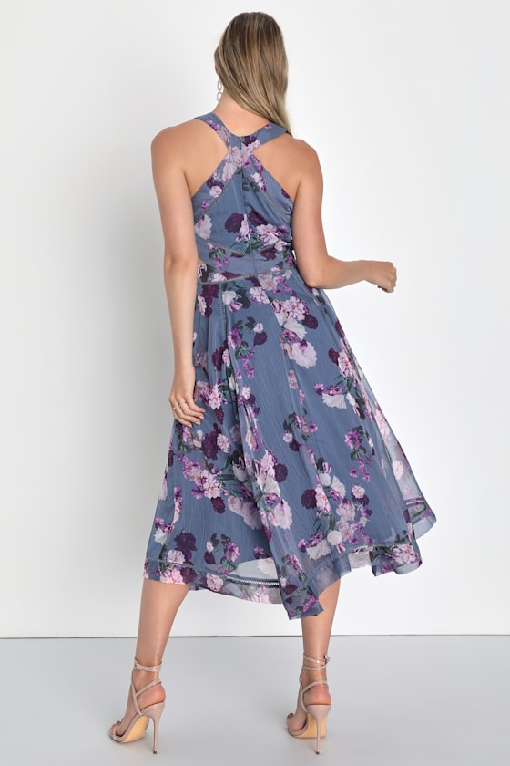 Blue Floral Dress Midi Handkerchief Dress Halter Neck Dress Lulus