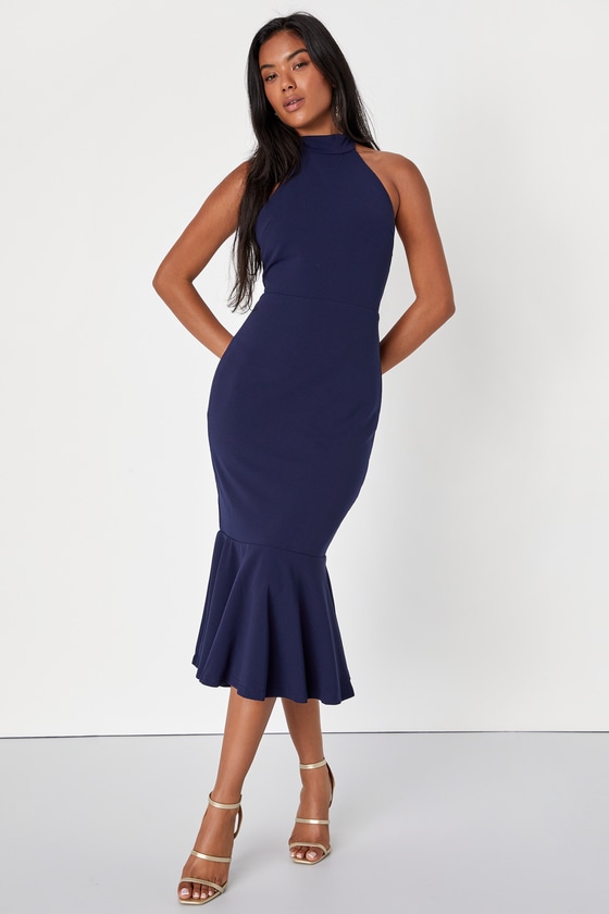 Navy Blue Midi Dress - Blue Trumpet Dress - Halter Midi Dress - Lulus