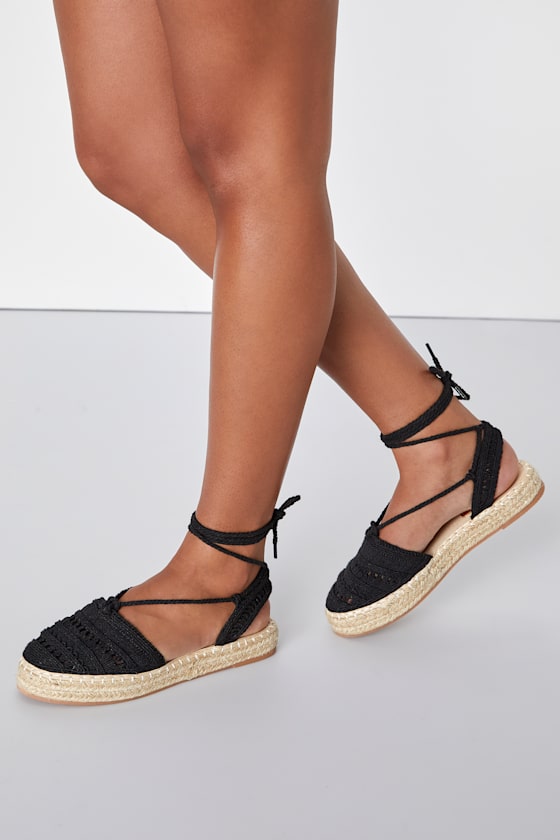 Kaiha Black Crochet Lace-Up Espadrille Flats 1