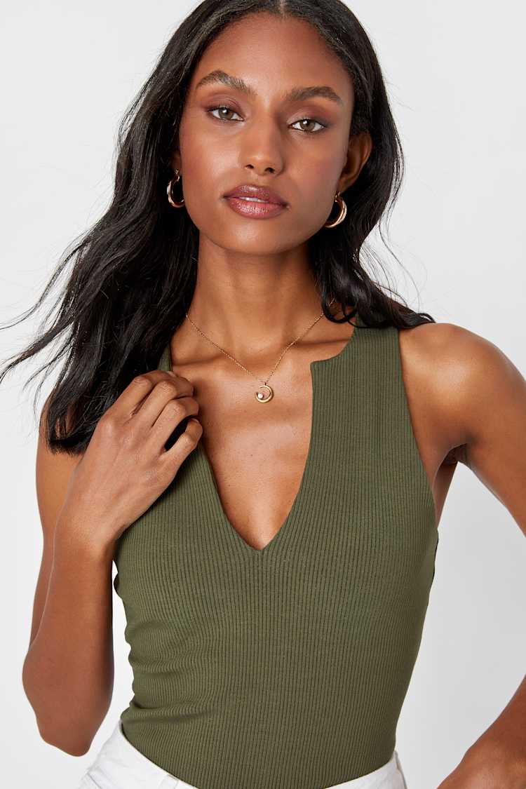 Lulus | Olive Green Ribbed Notched Tank Top | Womens | X-Large (Available in XS, S, M, L) | Spandex/Rayon
