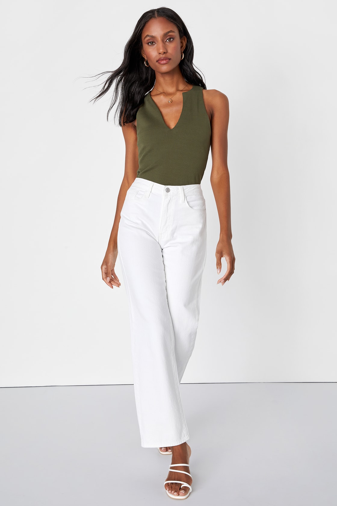 Trendy Endeavor Olive Green Ribbed Notched Tank Top