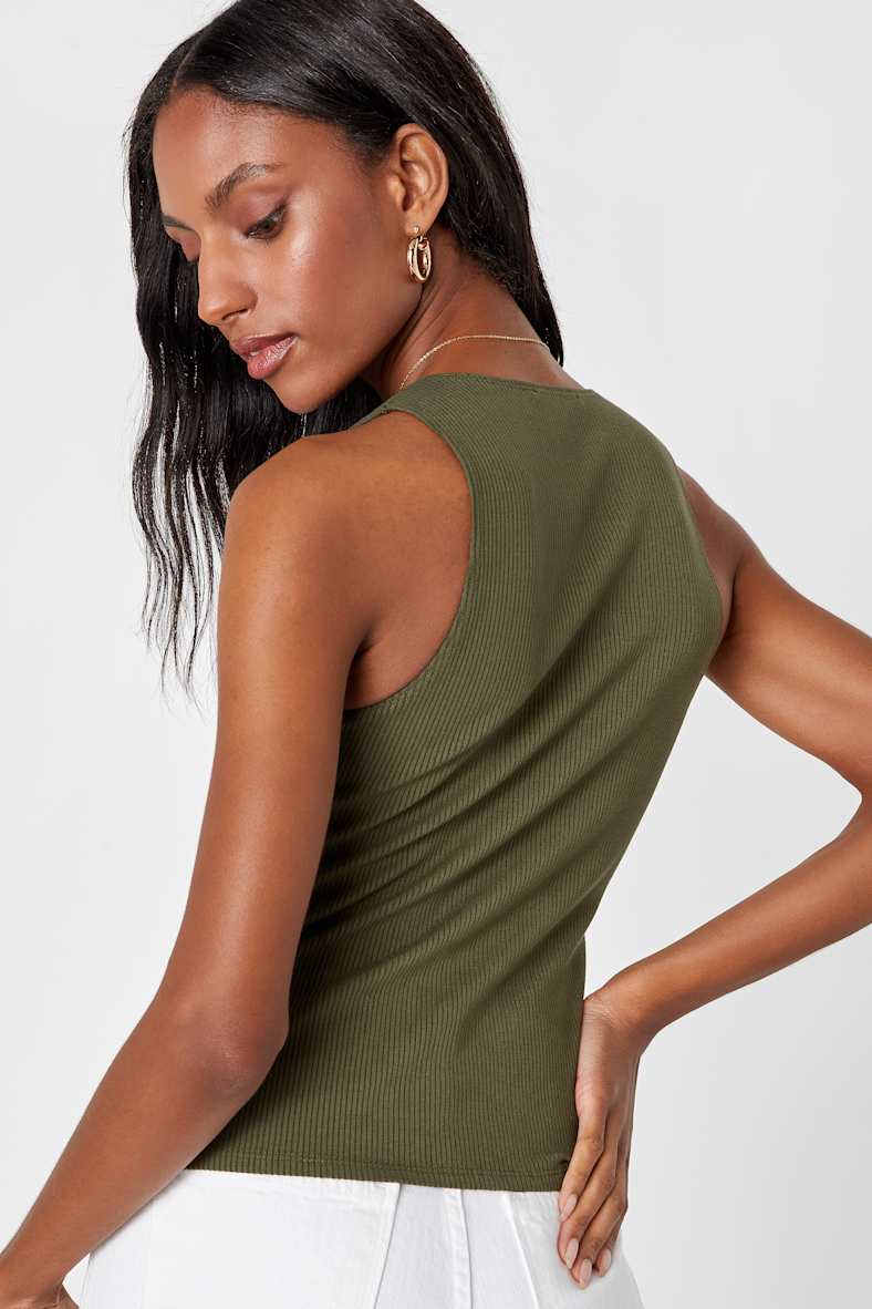 Trendy Endeavor Olive Green Ribbed Notched Tank Top