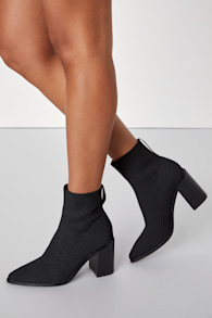 Farlie Black Ribbed Knit Pointed-Toe Sock Boots