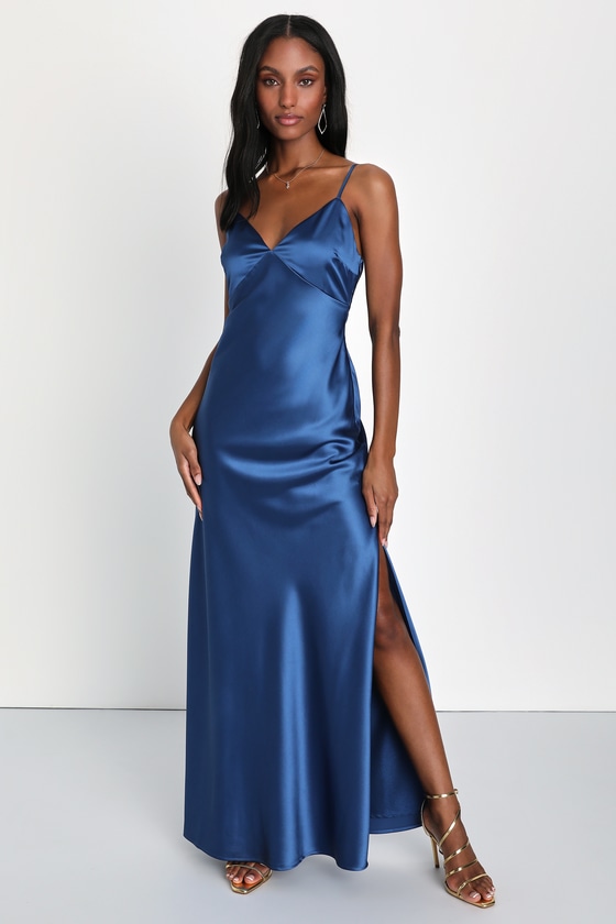 Lulus Irresistible Poise Blue Satin Slip Maxi Dress
