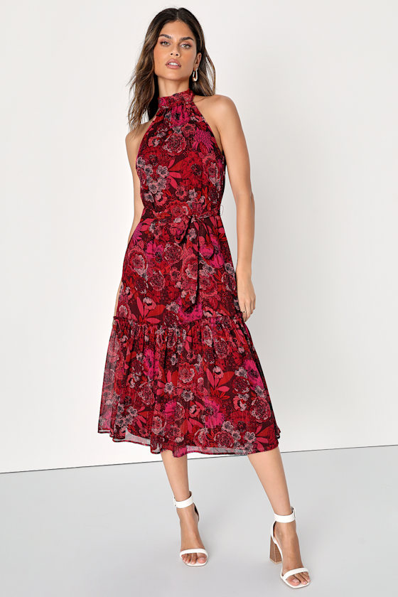 Red Floral Block Print Cotton Halter-Neck Sleeveless Midi Tier Dress
