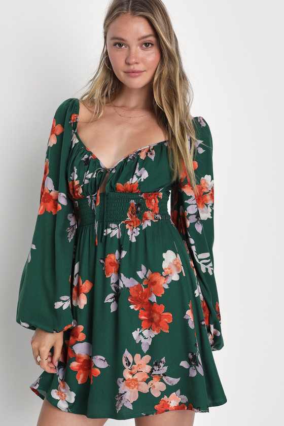 Green Floral Print Dress - Long Sleeve Mini Dress - Floral Dress - Lulus