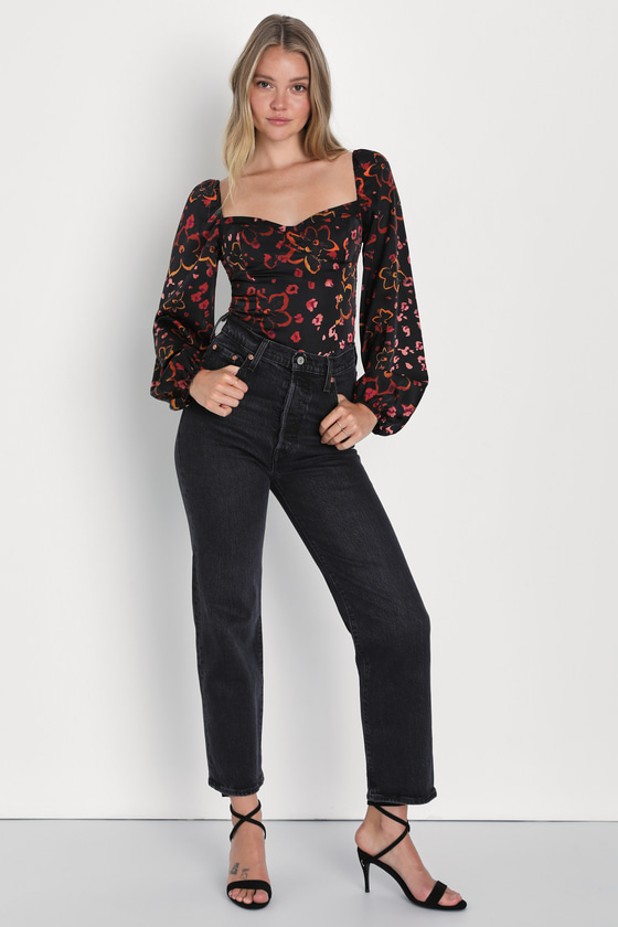 Black Floral Print Top - Satin Bustier Top - Balloon Sleeve Top - Lulus