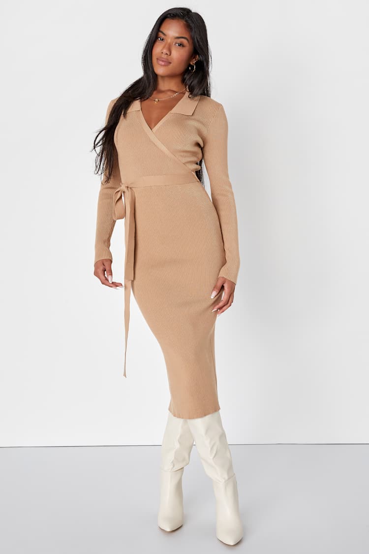 Tan Ribbed Sweater Dress - Surplice Dress - Collared Midi Dress - Lulus