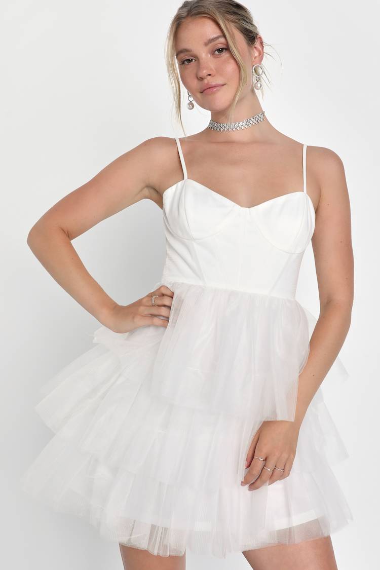 Rule the Runway White Tulle Bustier Tiered Mini Dress Rule the Runway White Tulle Bustier Tiered Mini Dress